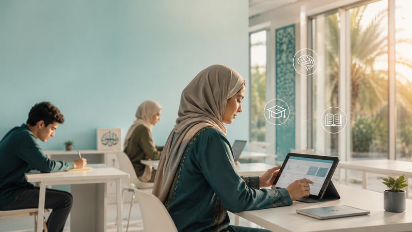 معلمون وطلاب في بيئة تعليمية يستخدمون أدوات الذكاء الاصطناعي استعداداً للعام الدراسي الجديد